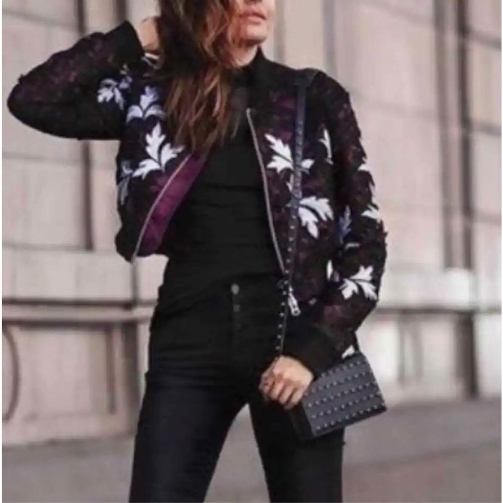 Self-Portrait Black Bomber Jacket with White Floral Embroidery